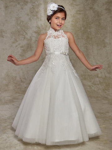 White Halter Lace Beading Kids Prom Dress CHK216
