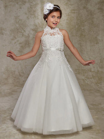 White Halter Lace Beading Kids Prom Dress CHK216