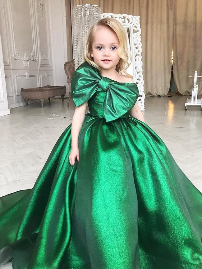 Green Ball Gown One Shoulder Satin Kids Birthday Party Dress CHK219