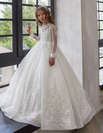 White Long Sleeve Lace Girls Holy Communion Party Dress CHK229