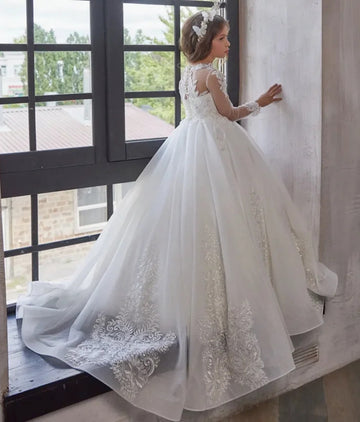 White Long Sleeve Lace Girls Holy Communion Party Dress CHK229