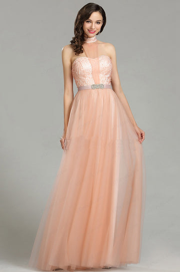 EBD011 Tulle Halter Coral Wedding Guest Dress