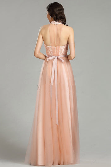 EBD011 Tulle Halter Coral Wedding Guest Dress