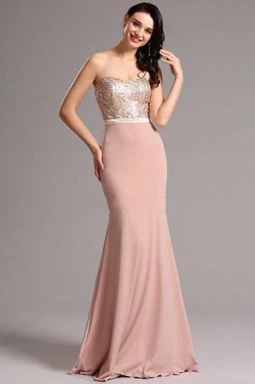 EBD012 Satin Sweetheart Pink Formal Dress with Sequin Bodice