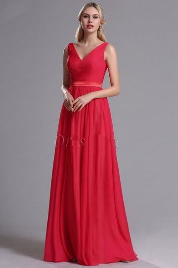 EBD018 V-neck Red Wedding Formal Dress with Ruched