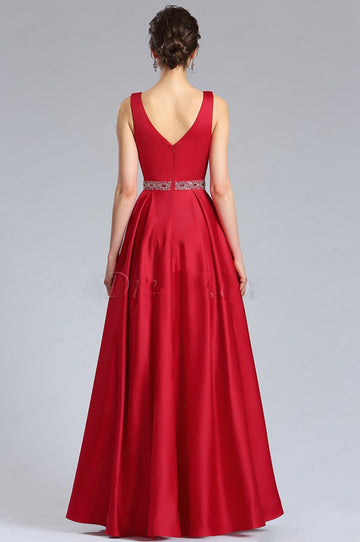 EBD022 V-neck Ruby Wedding Formal Dress with Beaded Waistline