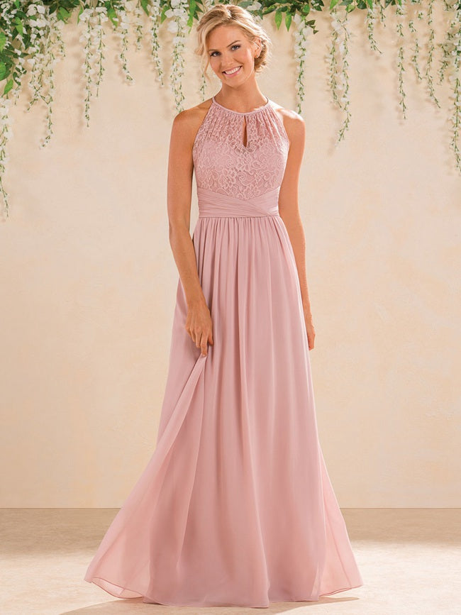 Blush Pink High-Neck A Line Lace Bridesmaid Dress with Keyhole Back - EBD031