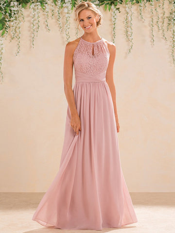 Blush Pink High-Neck A Line Lace Bridesmaid Dress with Keyhole Back - EBD031
