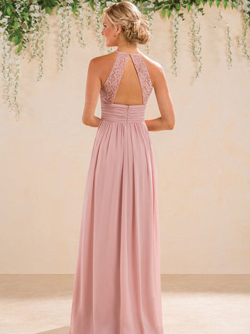 Blush Pink High-Neck A Line Lace Bridesmaid Dress with Keyhole Back - EBD031