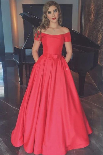 Elegant Chic Red Off-The-Shoulder Satin Prom Dress - EBD052