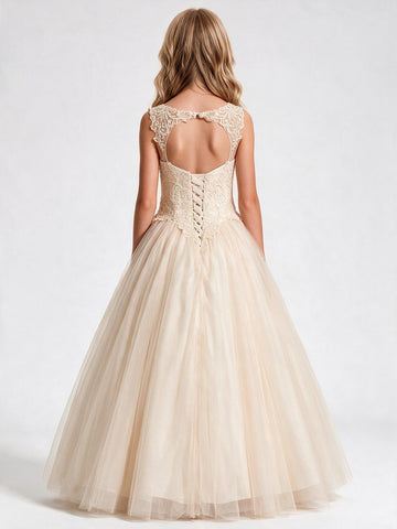 Light Champagne Lace Tulle V-neck A-line Children's Prom Dress(FGD291)