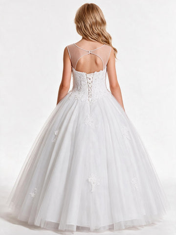 White Lace Short Sleeve Ball Gown Children's Prom Dress(FGD292)