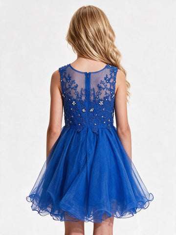 Royal Blue Tulle Lace Mini Princess Children's Prom Dress (FGD294)
