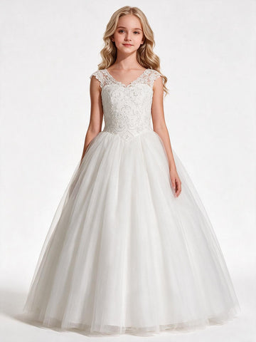 Pearl Pink Tulle Lace Ball Gown Children's Prom Dress (FGD296)