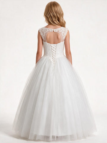 Pearl Pink Tulle Lace Ball Gown Children's Prom Dress (FGD296)