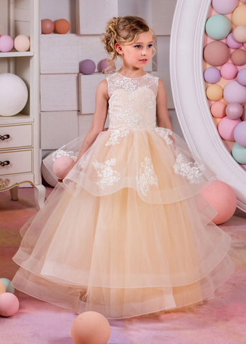 Pearl Pink Lace Tulle Princess Floor-length Kids Prom Dress(FGD343)