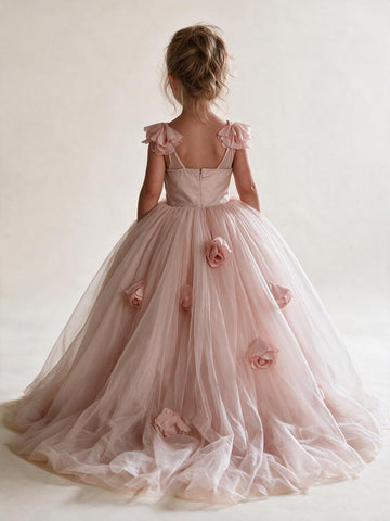 Pearl Pink Tulle Ball Gown Short Sleeve Flower Girl Dress(FGD348)