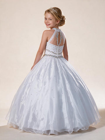 Royal Blue Organza Halter Ball Gown Floor-length Kids Prom Dress(FGD352)