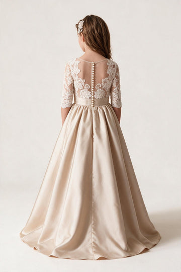 Champagne Tea Length Half Sleeve Flower Girl Dress BDFGD467