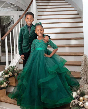 Dark Green Half Sleeve Mommy-Daughter Matching Prom Dress FGD470