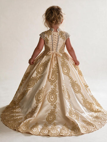 Gold Lace Beading Flower Girl Dress Short Sleeveles BDFGD516