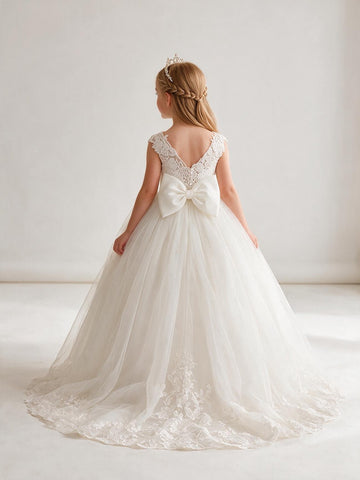 1-6 Years Toddler Girls White Flower Girl Dress with Bow FGD518
