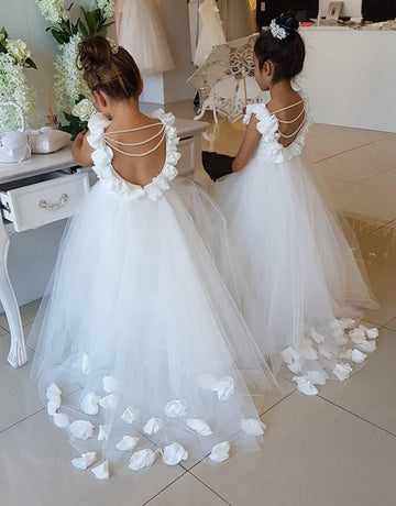 Ball Gown White Flower Girl Dress with Handmade Flowers FGD520
