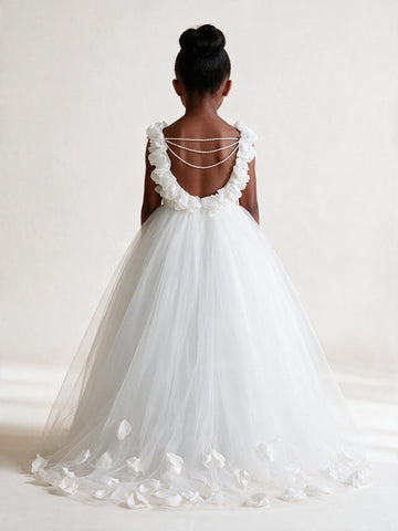 Ball Gown White Flower Girl Dress with Handmade Flowers FGD520
