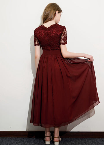Dark Burgundy Lace Chiffon Girls Birthday Party Dress JFGD052