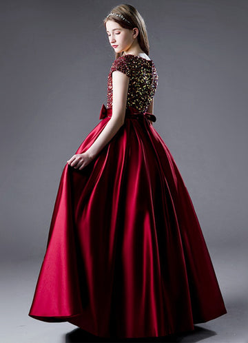 Burgundy Sequins Half Sleeve Girls Party Dress JFGD068