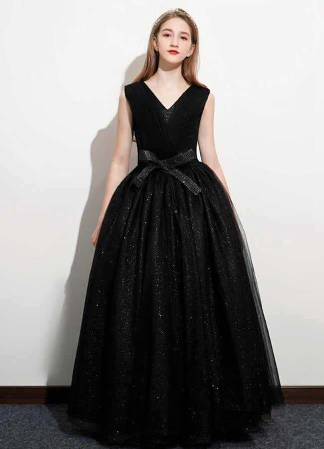 Black V neck Girls Birthday Party Dress JFGD070