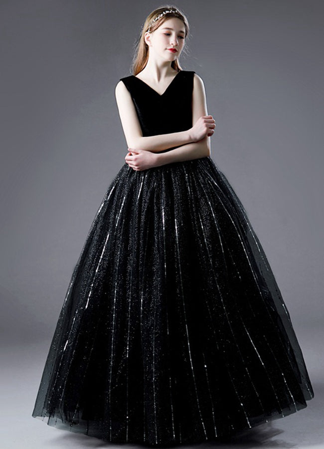 Black Tulle V neck Girls Birthday Party Dress JFGD073