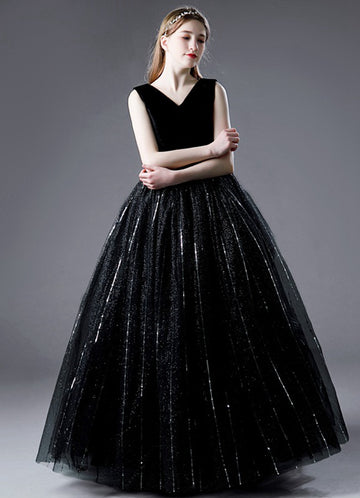 Black Tulle V neck Girls Birthday Party Dress JFGD073