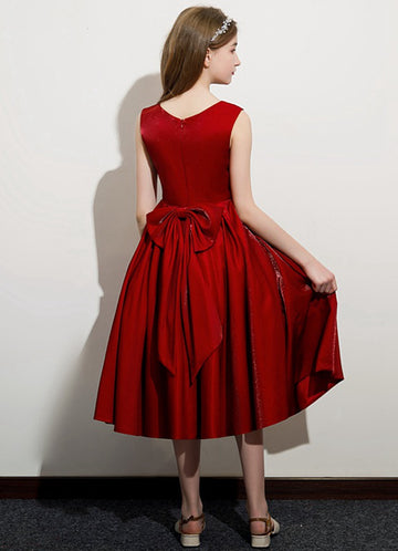 Burgundy Satin Tea Length Child Formal Dress JFGD076