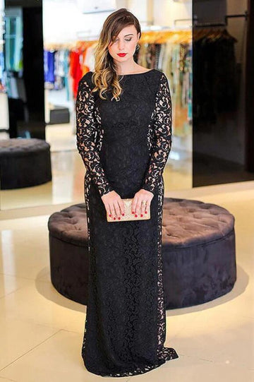 Black Lace Long Sleeve Plus Size Evening Dress PLJT8014