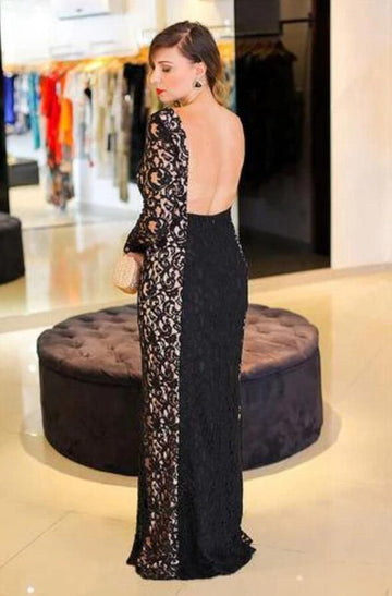 Black Lace Long Sleeve Plus Size Evening Dress PLJT8014