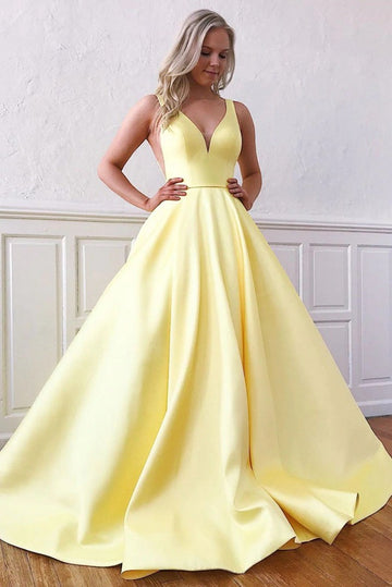 A Line V Neck Satin Yellow Prom Dress with Pocket JTA4911