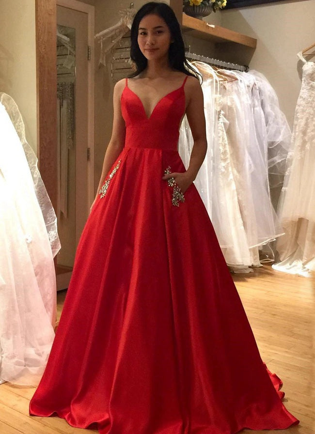 A Line Red Satin Straps Prom Dress JTB002
