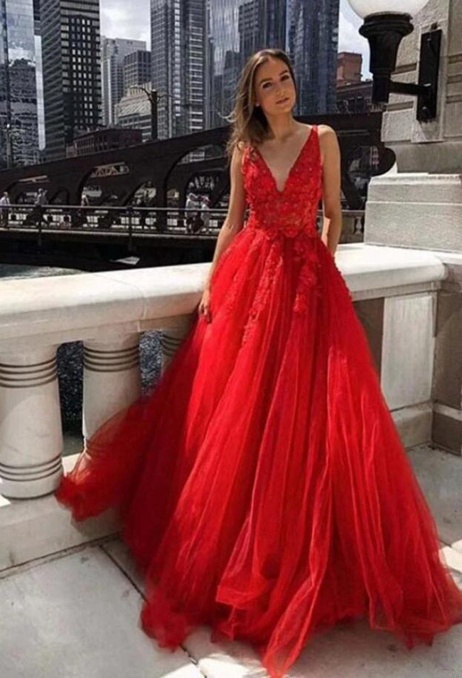 A Line Red Lace V Neck Prom Dress JTB003