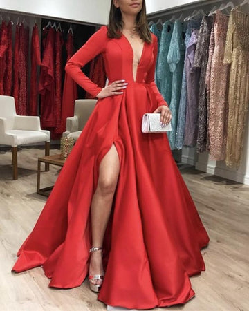 Plus Size Red A Line Long Sleeve Deep V Neck Satin Slit Prom-Dress JTB005