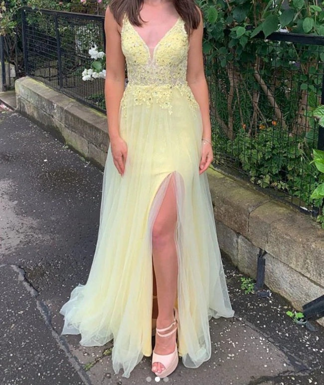 Junior Lace Yellow V Neck Split Prom Dress JTB010