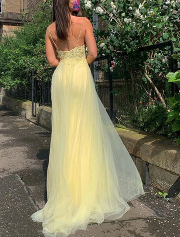 Junior Lace Yellow V Neck Split Prom Dress JTB010