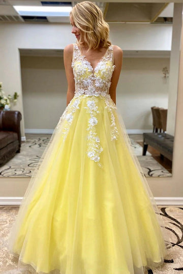 Junior Lace Yellow V Neck Princess Prom Dress JTB011