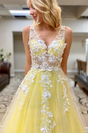 Junior Lace Yellow V Neck Princess Prom Dress JTB011