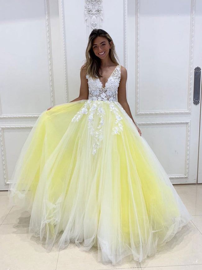 Junior Lace Yellow V Neck Princess Prom Dress JTB011