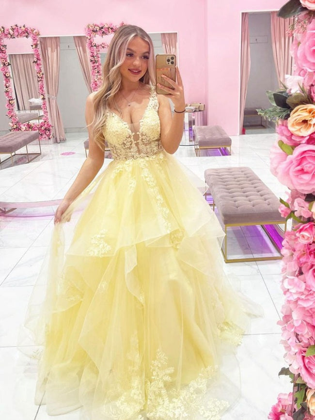 Junior Lace Yellow V Neck Princess Prom Dress JTB012