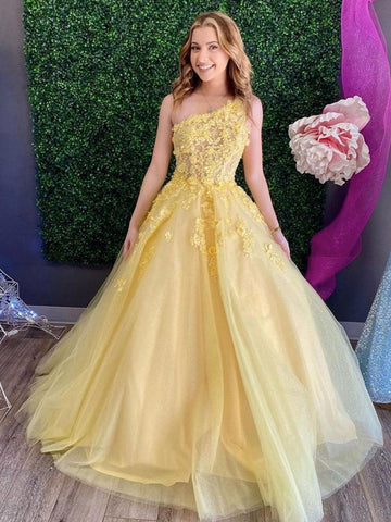 Junior One Shoulder Yellow Lace Princess Prom Dress JTB014