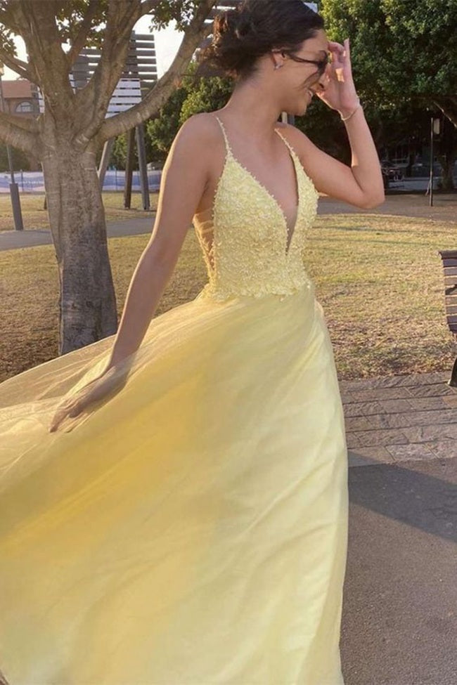 Junior A Line Straps V Neck Yellow Prom Dress JTB019