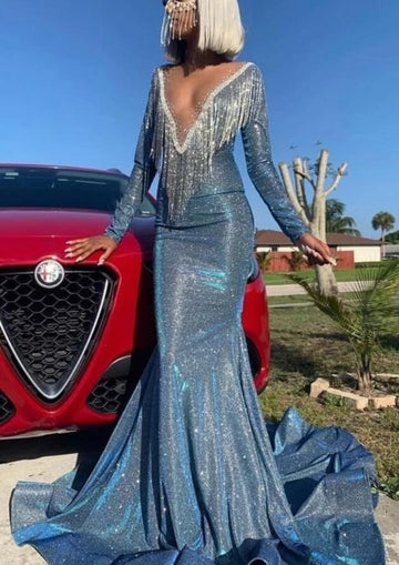 Luxurious Mermaid Sequins Long Sleeve Celebrity Prom Dress JTC001