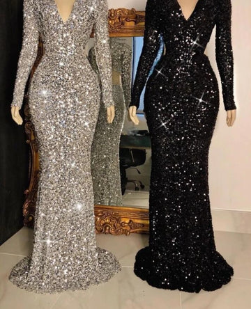 Sexy V Neck Silver Black Crystal Sequin Long Sleeve Mermaid Evening Dress JTC003